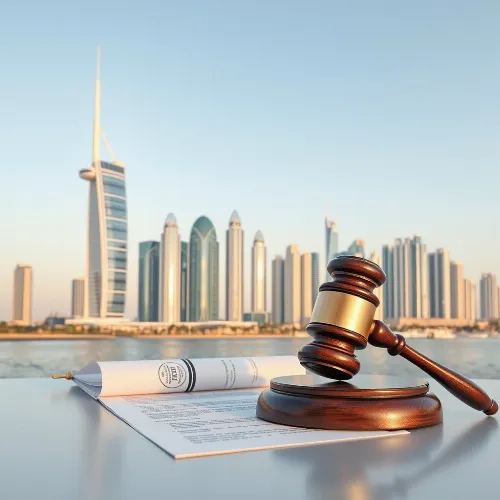Modern Dubai skyline with legal documents for real estate litigation
