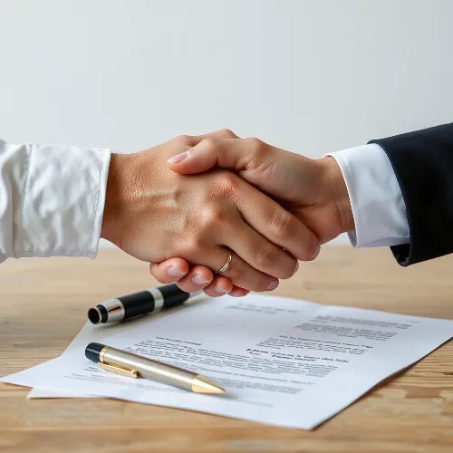 Handshake over legal documents, symbolizing contract negotiation