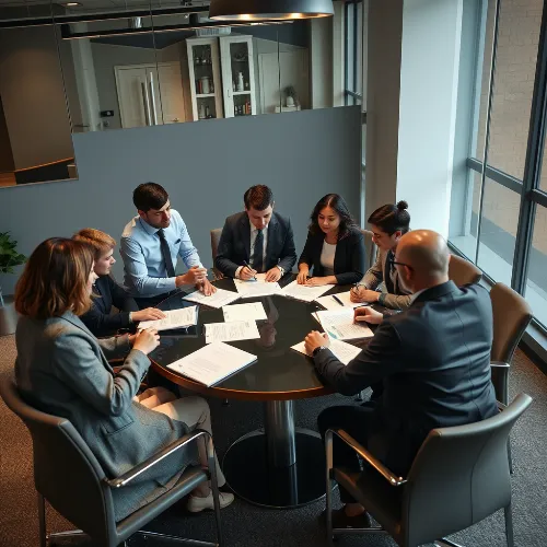 Legal team collaborating on a strategy for dispute management